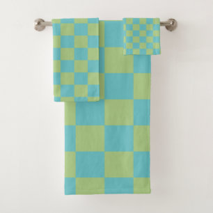 Chequerboard Chequered Pattern in Blue and Green Bath Towel Set