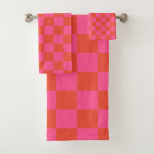Chequerboard Chequered Pattern in Pink and Orange Bath Towel Set