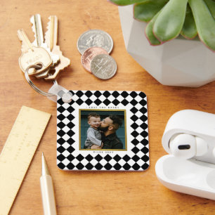 Chequerboard Diamond Border Photo and Info Text Key Ring