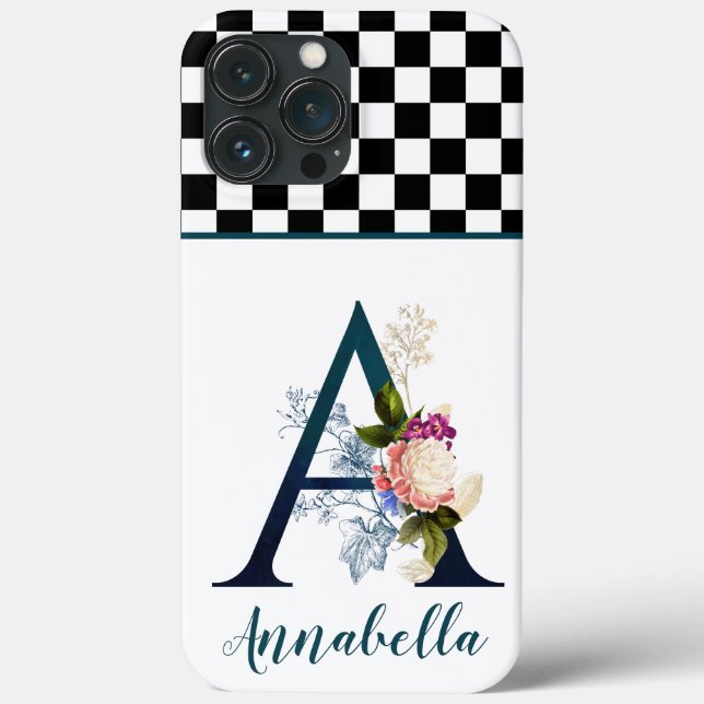 Chequerboard Fancy Floral Monogram Letter A  Case-Mate iPhone Case (Back)