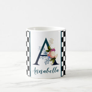 Chequerboard Fancy Floral Monogram Letter A Coffee Mug