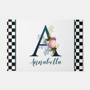 Chequerboard Fancy Floral Monogram Letter A Doormat