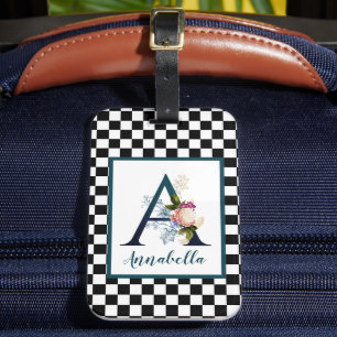 Chequerboard Fancy Floral Monogram Letter A Luggage Tag