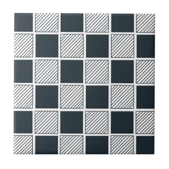 Chequerboard Geometric Navy Blue Black and White  Tile (Front)