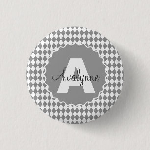 Chequerboard Grayscale with Monogram Name 3 Cm Round Badge