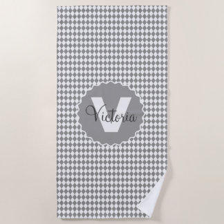 Chequerboard Grayscale with Monogram Name Beach Towel