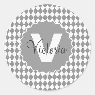 Chequerboard Grayscale with Monogram Name   Classic Round Sticker