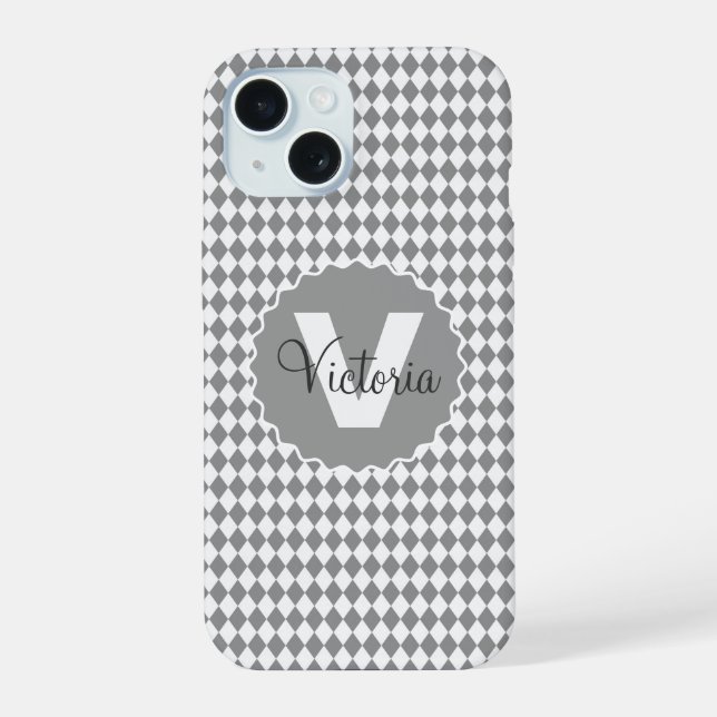 Chequerboard Grayscale with Monogram Name   iPhone 15 Case (Back)
