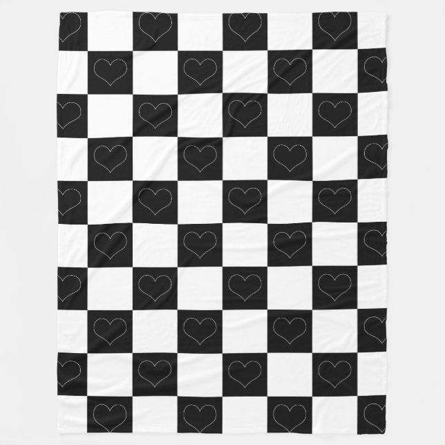 Chequerboard Hearts in Black and White Fleece Blanket (Front)