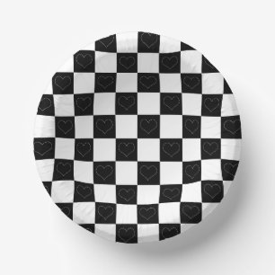 Chequerboard Hearts in Black and White Paper Plate