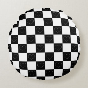Chequerboard Hearts in Black and White Round Cushion