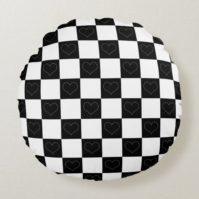Chequerboard Hearts in Black and White Round Cushion (Front)