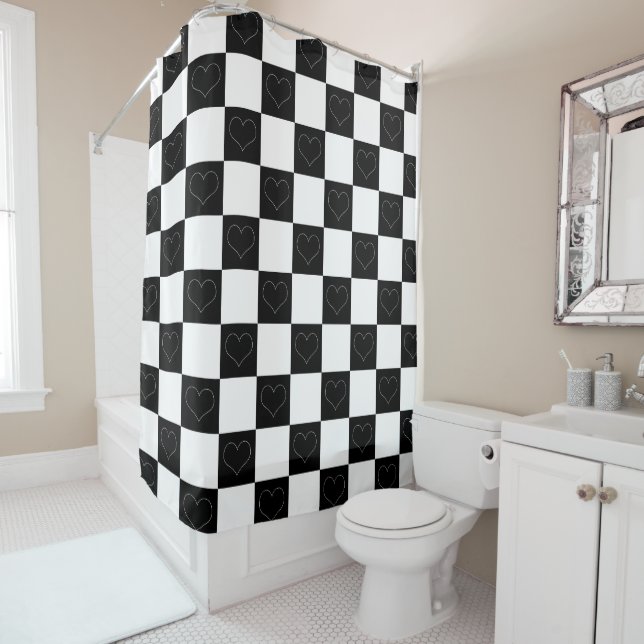Chequerboard Hearts in Black and White Shower Curtain (In Situ)