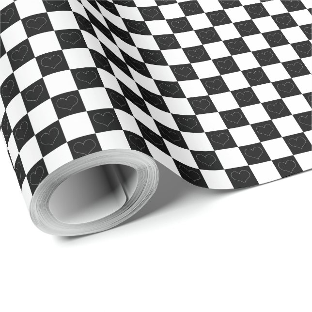 Chequerboard Hearts in Black and White Wrapping Paper (Roll Corner)