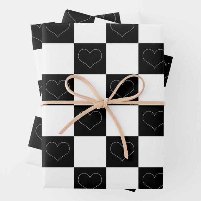 Chequerboard Hearts in Black and White Wrapping Paper Sheet (In situ)