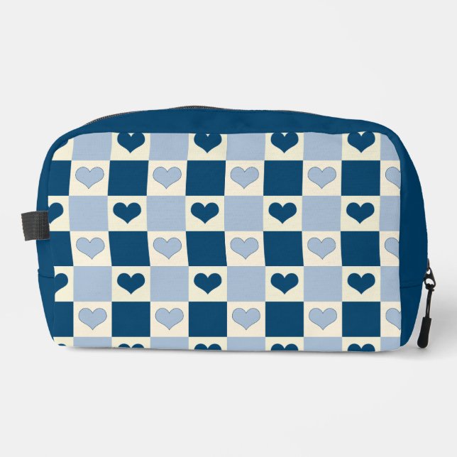 Chequerboard Hearts in Dark Blue, Light Blue, and  Dopp Kit (Front)