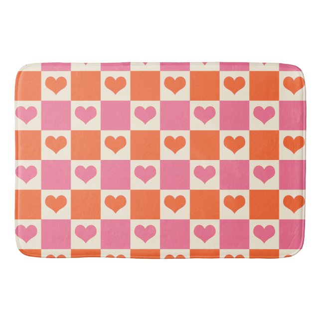 Chequerboard Hearts in Pink, Orange, and Cream Bath Mat (Front)