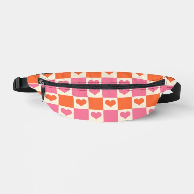Chequerboard Hearts in Pink, Orange, and Cream Bum Bags (Front)