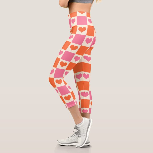 Chequerboard Hearts in Pink, Orange, and Cream Capri Leggings (Left)