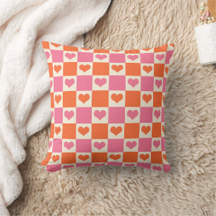 Chequerboard Hearts in Pink, Orange, and Cream Cushion
