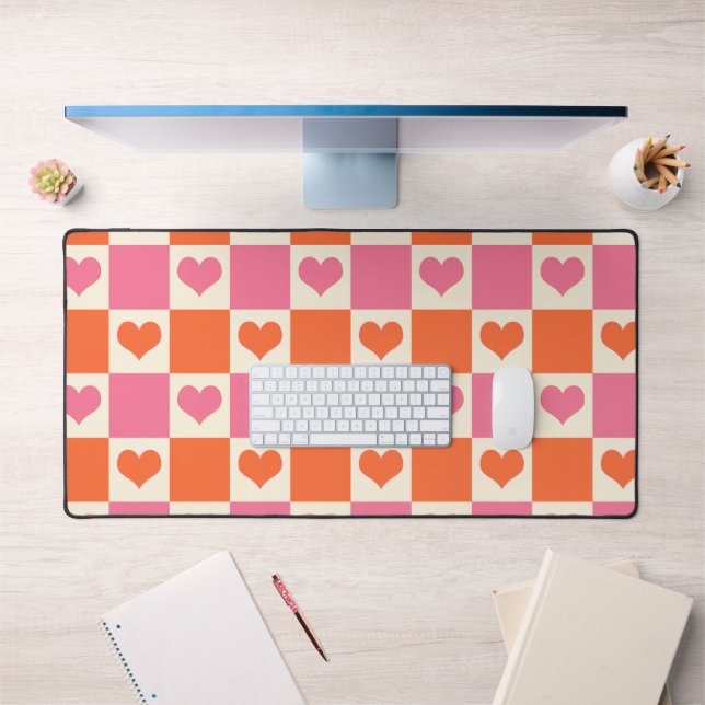 Chequerboard Hearts in Pink, Orange, and Cream Desk Mat (Office 1)