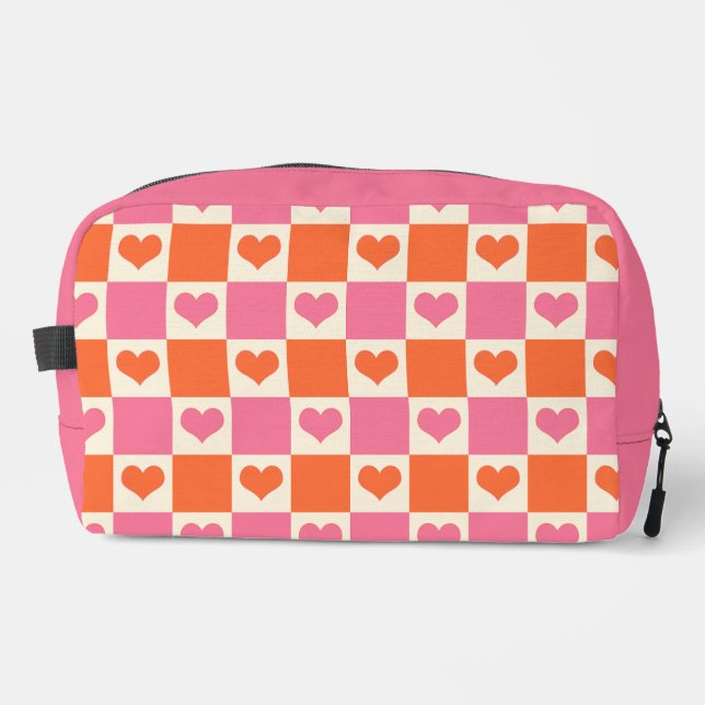 Chequerboard Hearts in Pink, Orange, and Cream Dopp Kit (Front)
