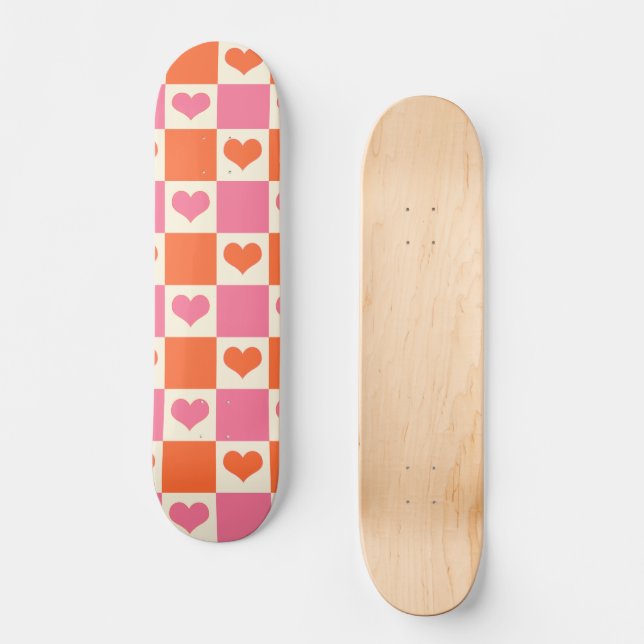 Chequerboard Hearts in Pink, Orange, and Cream Skateboard (Front)