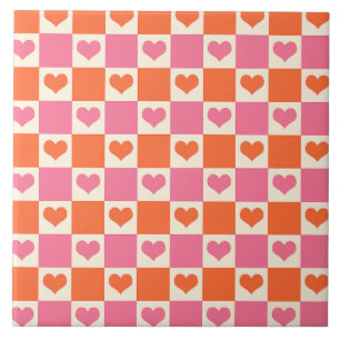 Chequerboard Hearts in Pink, Orange, and Cream Tile
