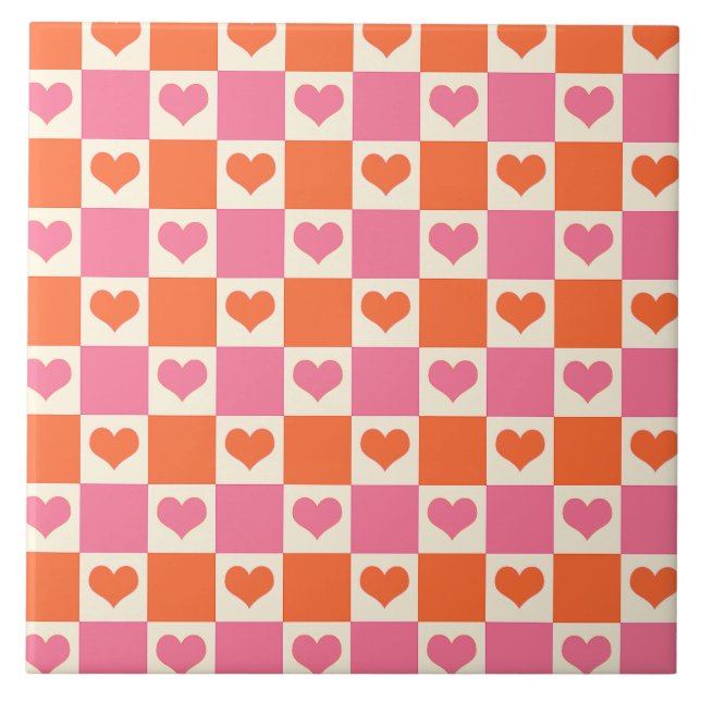 Chequerboard Hearts in Pink, Orange, and Cream Tile (Front)