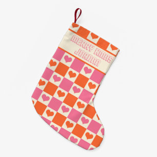 Chequerboard Hearts in Pink, Orange, & Cream Small Christmas Stocking