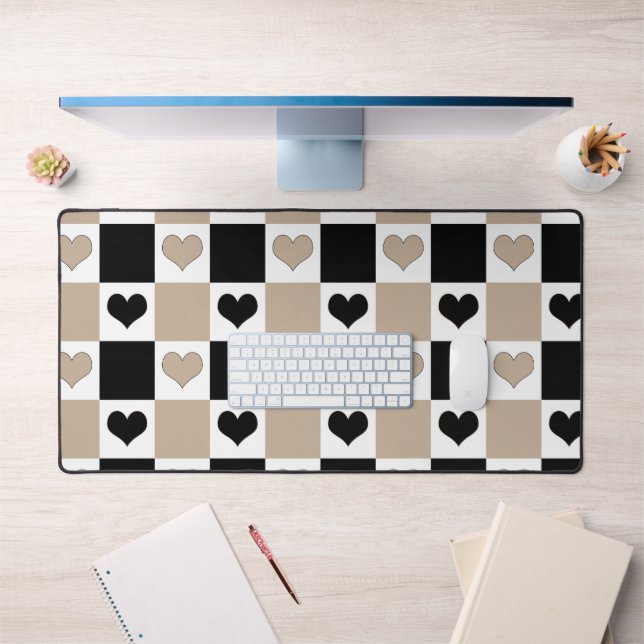 Chequerboard Hearts in Taupe, Black, and White Desk Mat (Office 1)