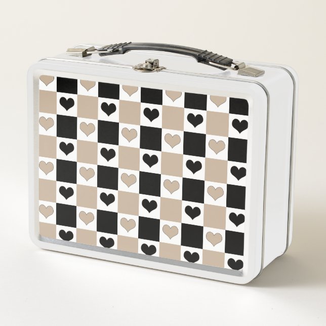 Chequerboard Hearts in Taupe, Black, and White Metal Lunch Box (Front)