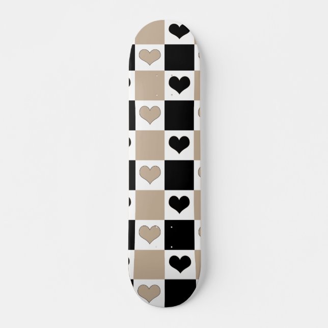 Chequerboard Hearts in Taupe, Black, and White Skateboard (Front)
