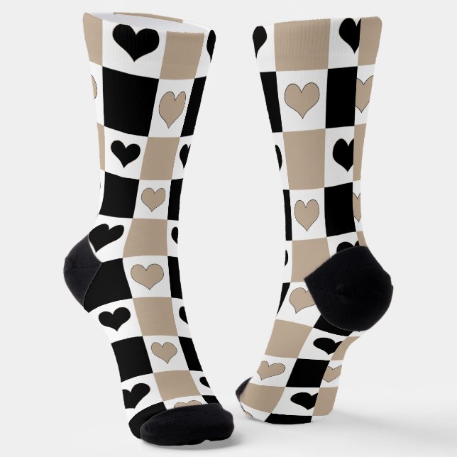 Chequerboard Hearts in Taupe, Black, and White Socks (Angled)