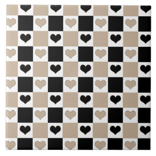 Chequerboard Hearts in Taupe, Black, and White Tile
