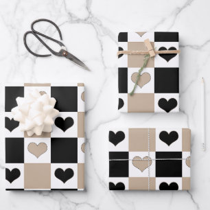 Chequerboard Hearts in Taupe, Black, and White Wrapping Paper Sheet