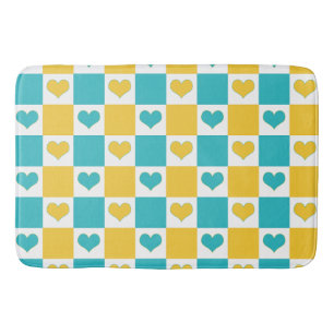 Chequerboard Hearts in Turquoise and Yellow Bath Mat