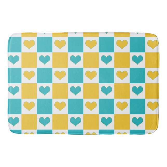 Chequerboard Hearts in Turquoise and Yellow Bath Mat (Front)
