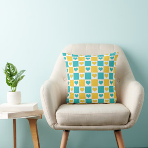 Chequerboard Hearts in Turquoise and Yellow Cushion