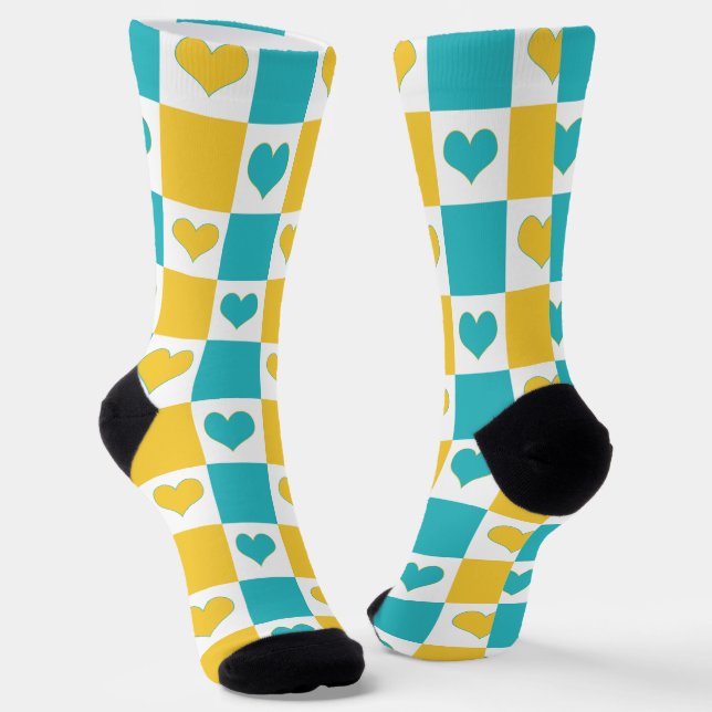 Chequerboard Hearts in Turquoise and Yellow Socks (Angled)