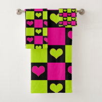 Chequerboard Hearts - Lime Green, Hot Pink & Black
