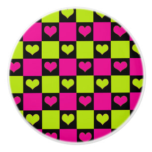 Chequerboard Hearts - Lime Green, Hot Pink & Black Ceramic Knob