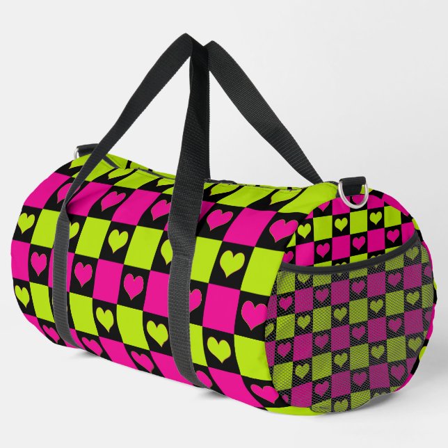 Chequerboard Hearts - Lime Green, Hot Pink & Black Duffle Bag (Right Corner)