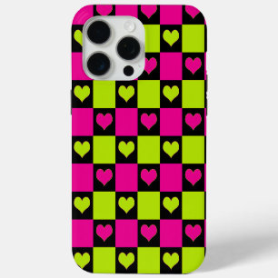 Chequerboard Hearts - Lime Green, Hot Pink & Black iPhone 15 Pro Max Case