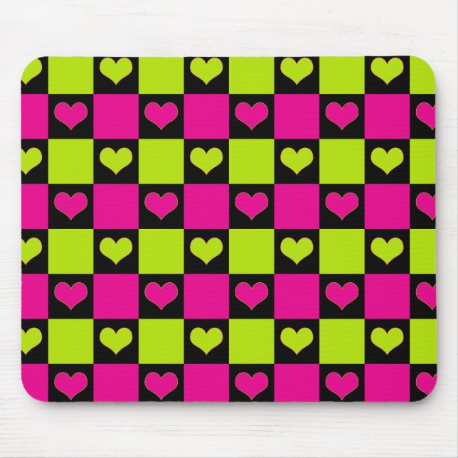 Chequerboard Hearts - Lime Green, Hot Pink & Black Mouse Pad (Front)