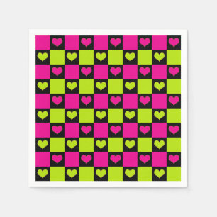 Chequerboard Hearts - Lime Green, Hot Pink & Black Napkin