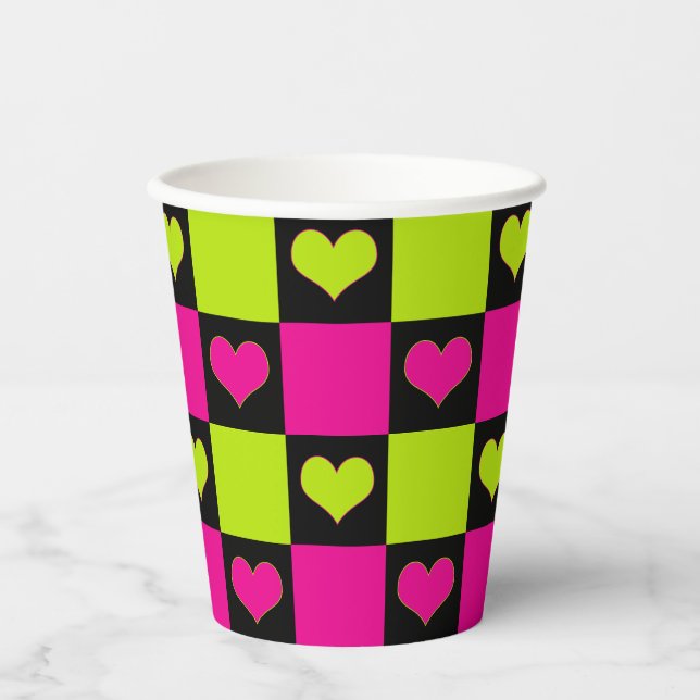 Chequerboard Hearts - Lime Green, Hot Pink & Black Paper Cups (Front)