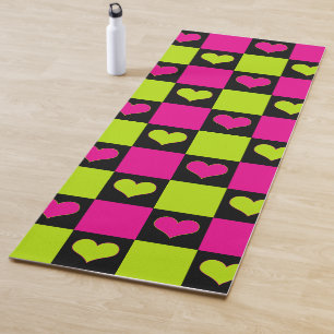 Chequerboard Hearts - Lime Green, Hot Pink & Black Yoga Mat