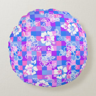 Chequerboard Hibiscus Hawaiian Floral Round Cushion