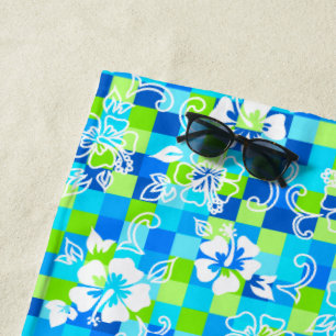 Chequerboard Hibiscus Hawaiian Floral - Turquoise Beach Towel